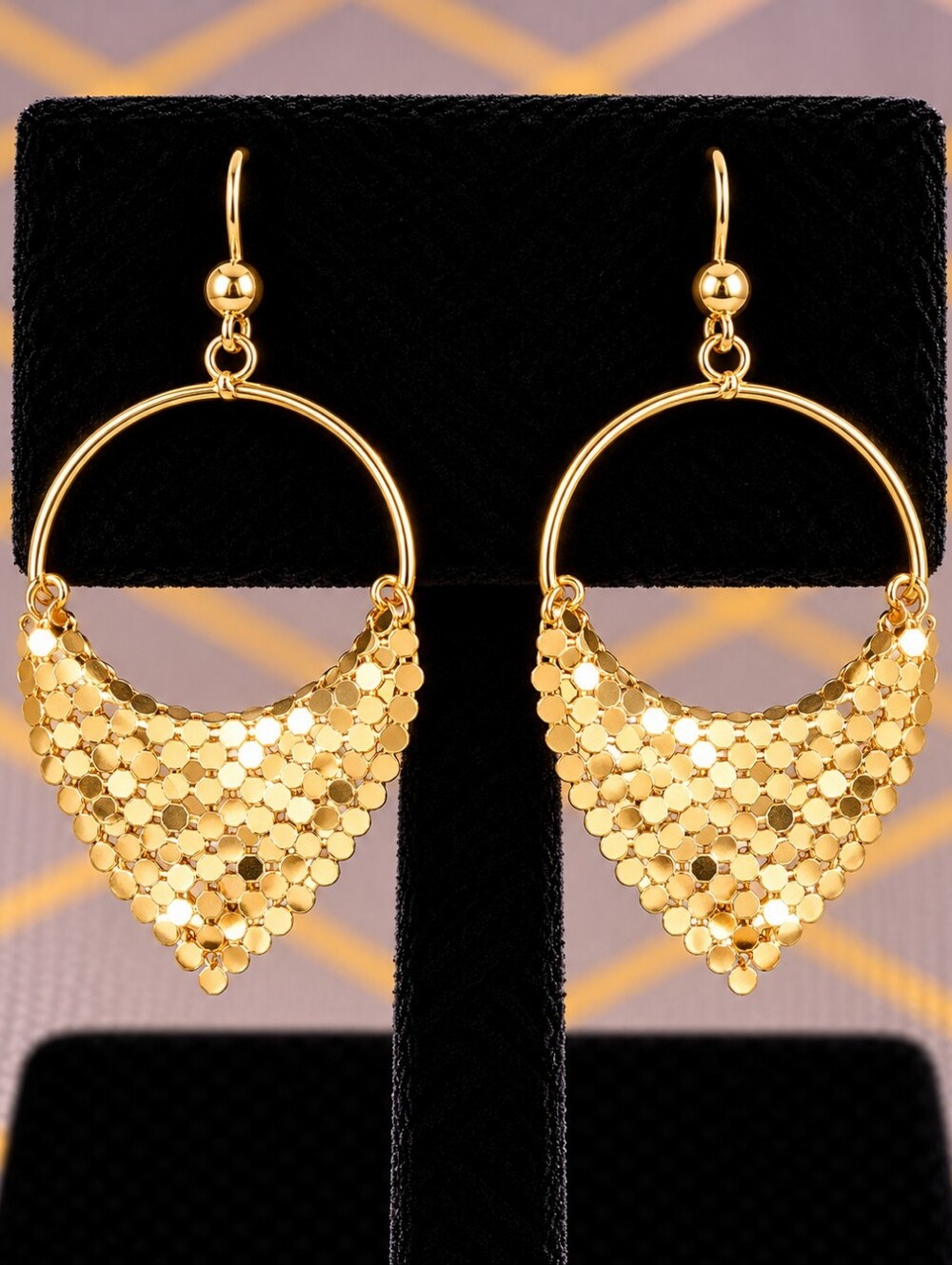 22kgp Dubai Jewelry Gold Hoop Drop Earrings with Textured Fan Accent